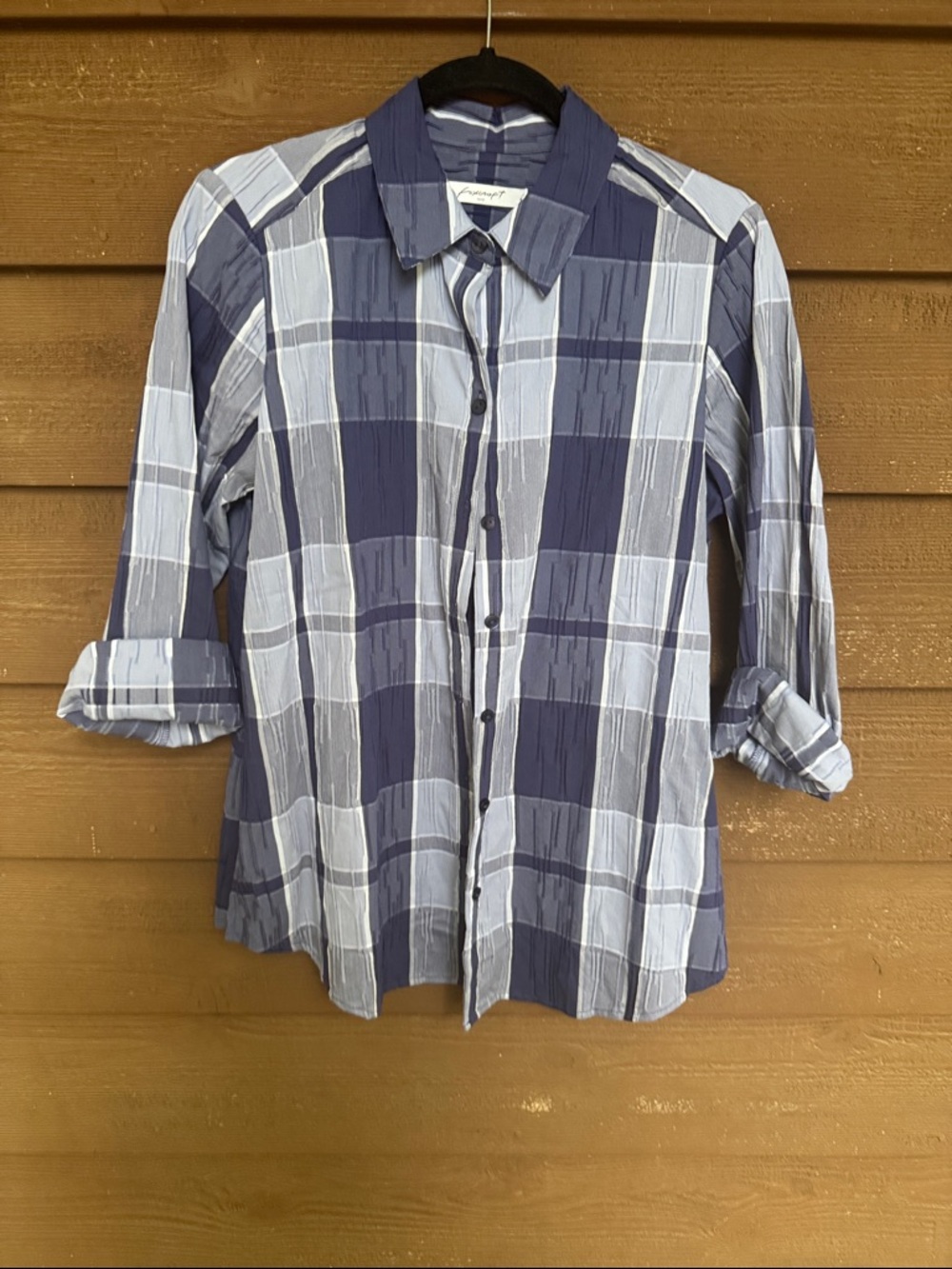 NWT Foxcroft Navy and Light Blue Plaid Button-Down Shirt size 8